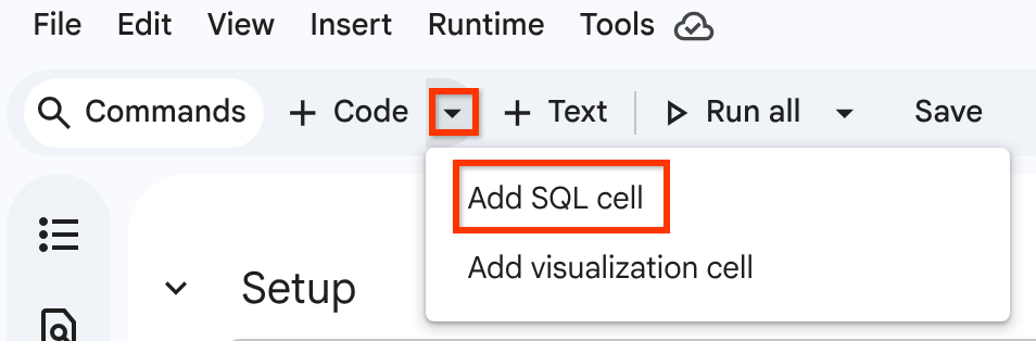 L'opzione Aggiungi cella SQL nel menu Inserisci cella di codice
