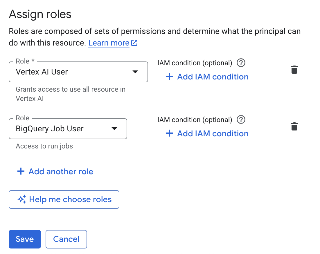 Click Save to grant the roles to the principal
