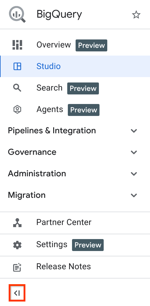 BigQuery のナビゲーション メニュー。