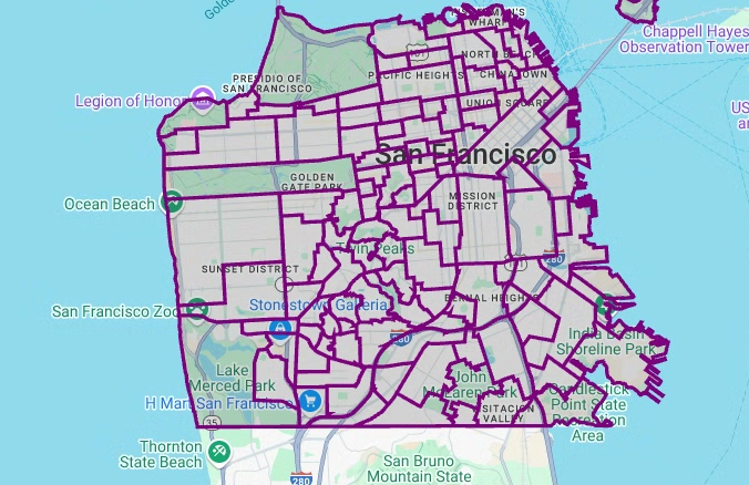 Poligon yang dirender dari set data San Francisco Neighborhoods.
