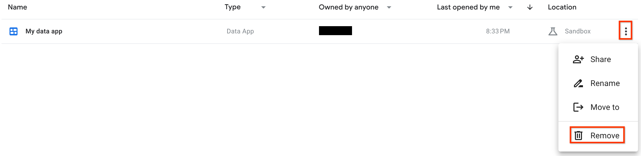 O menu "Mais opções" que você usa para excluir um app.
