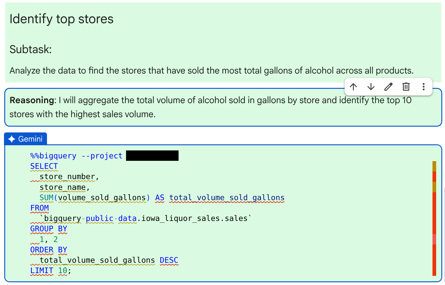 שאילתת ה-SQL שנוצרה על ידי הסוכן, שמוצאת את חנויות המשקאות המובילות לפי גלונים שנמכרו.