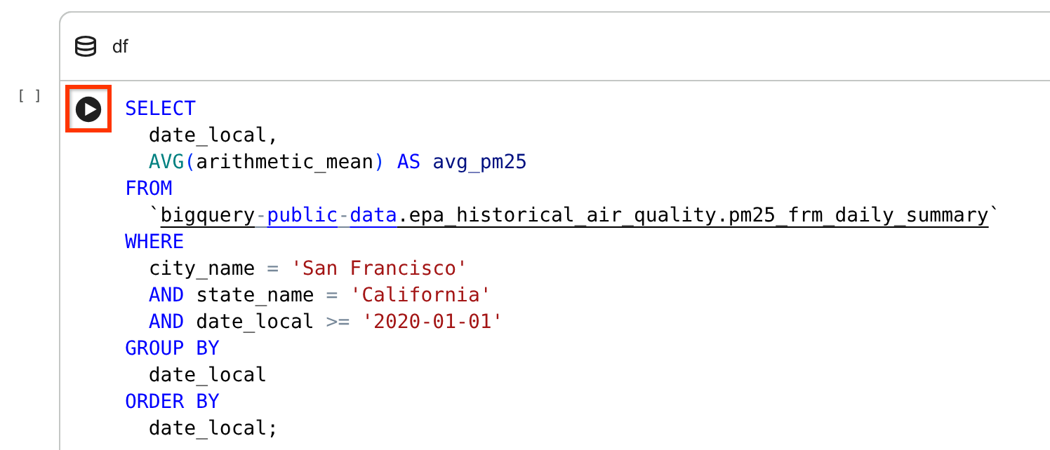 SQL セルの実行セルボタン