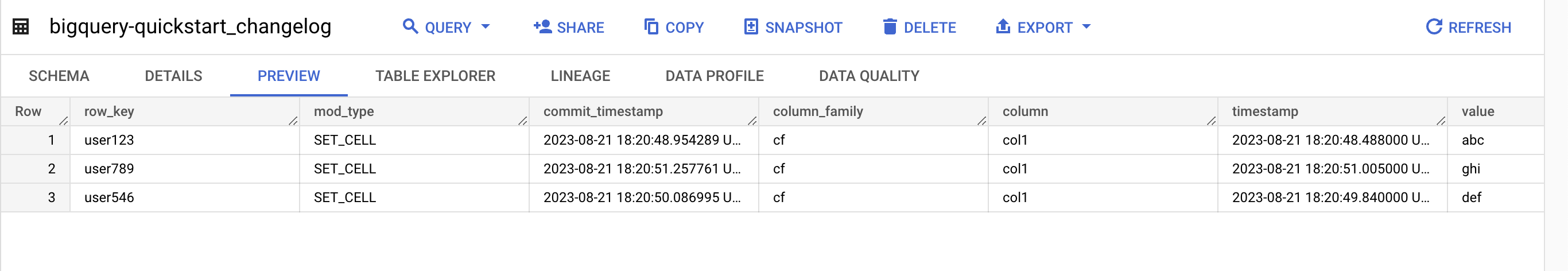 Pré-visualização do registo de alterações no BigQuery