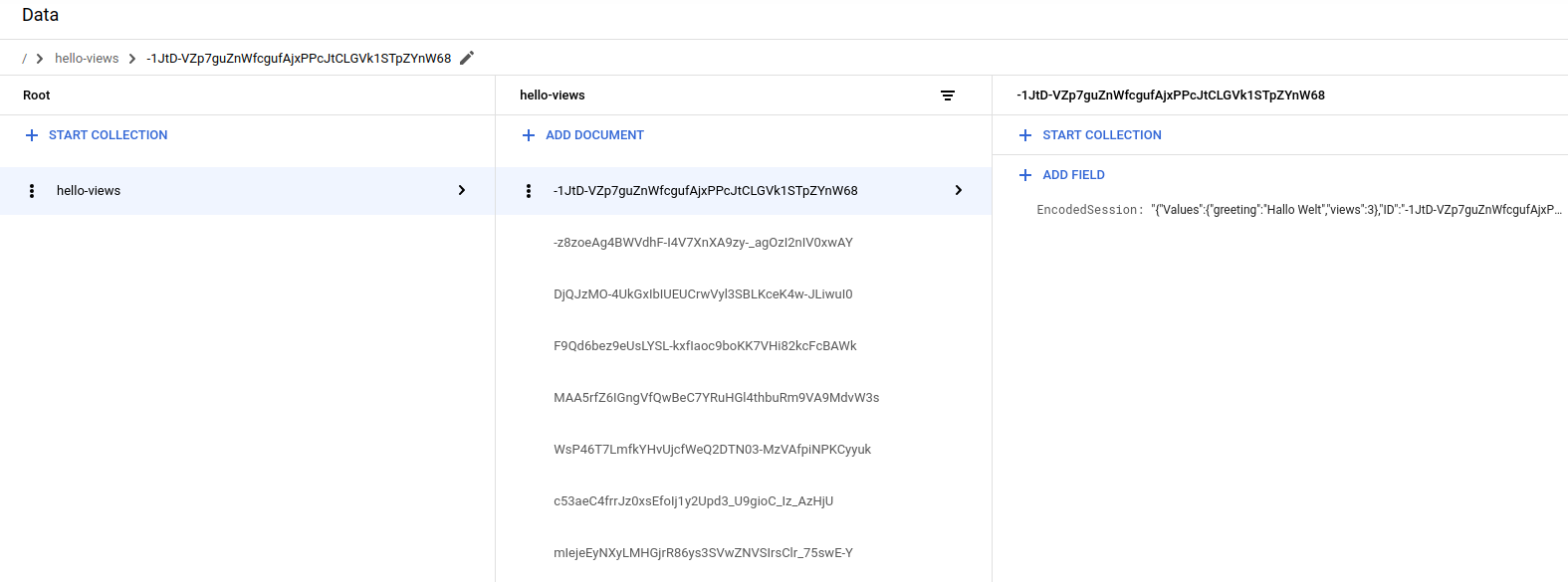 Firestore sessions in Cloud de Confiance console.