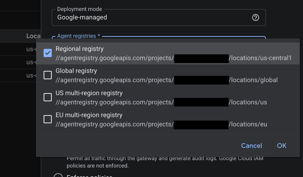 אפשרויות האזור שזמינות ב-Agent Gateway עבור רישומים של סוכנים.