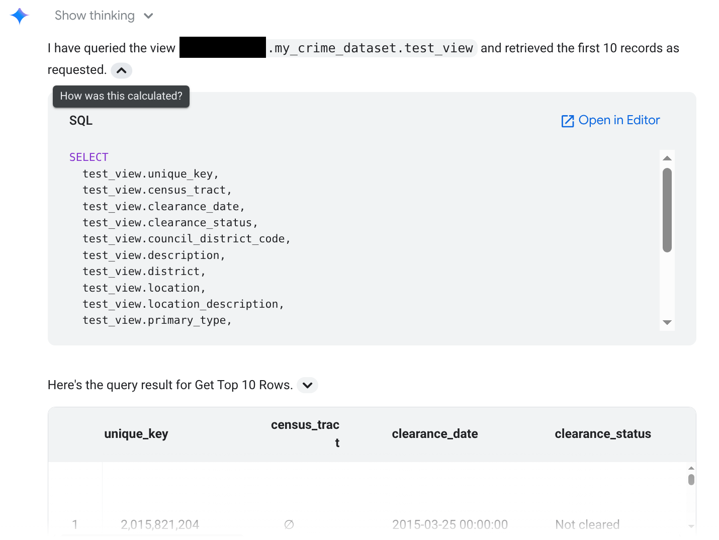 The agent's calculation details, including a generated query and the
query result.