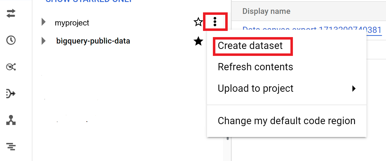 Use the action menu of the project to create a dataset