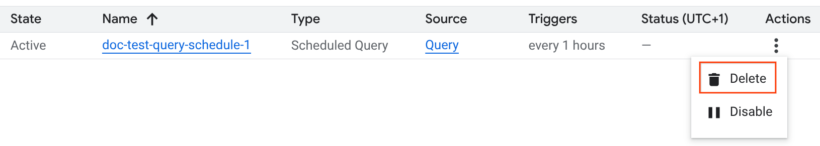 Delete a scheduled query on the Scheduling page.