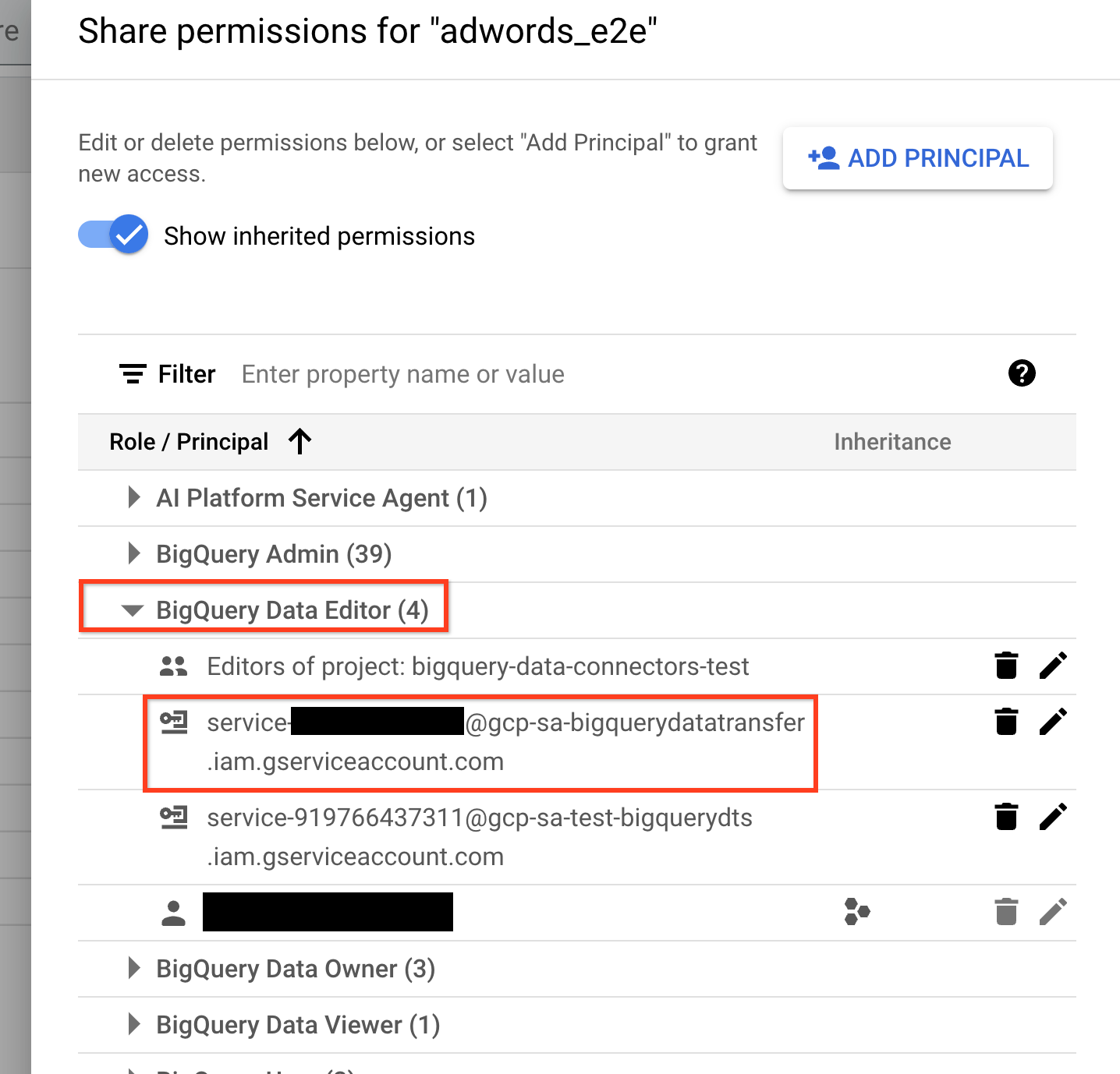 מוודאים שהתפקיד BigQuery Data Editor (עריכת נתונים ב-BigQuery) נוסף.