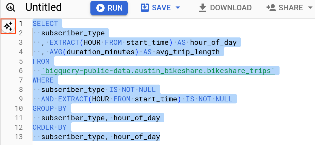 BigQuery 查詢編輯器中反白顯示的「說明這項查詢」圖示和文字。