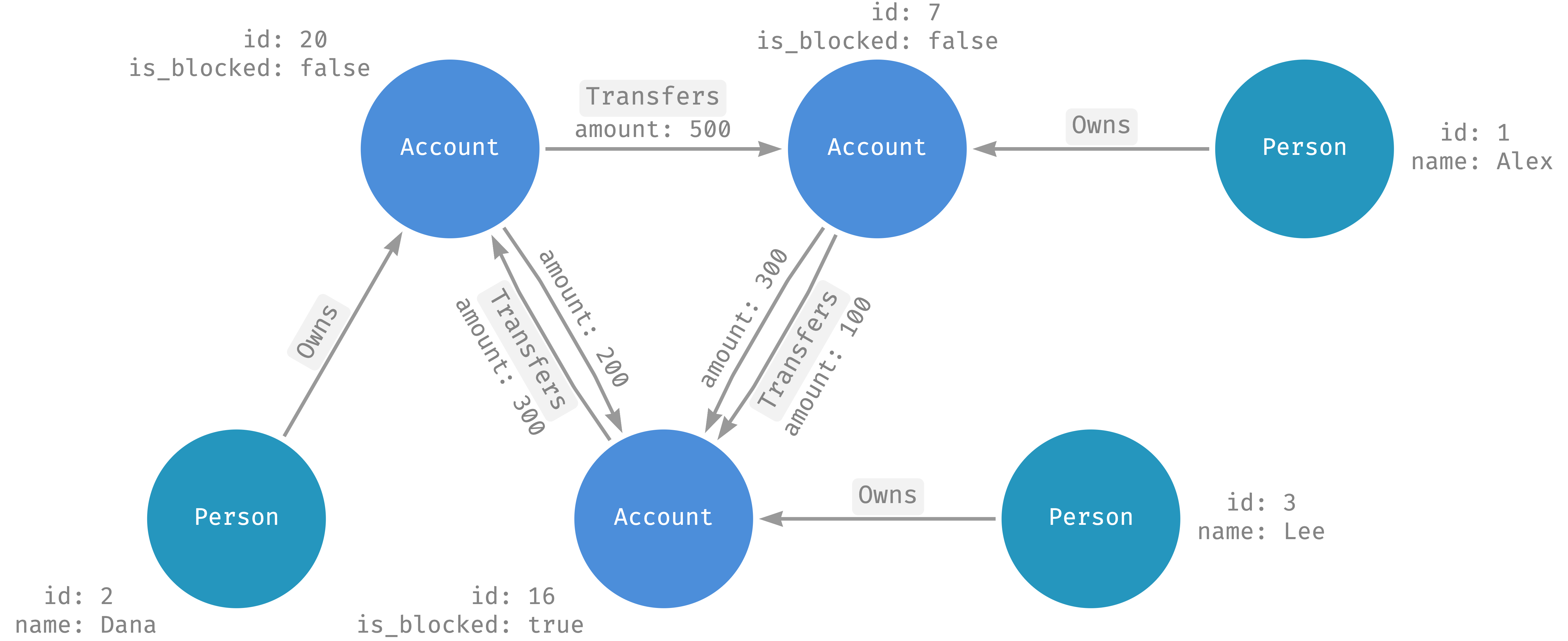 Nodos, aristas, etiquetas y propiedades de un grafo financiero.
