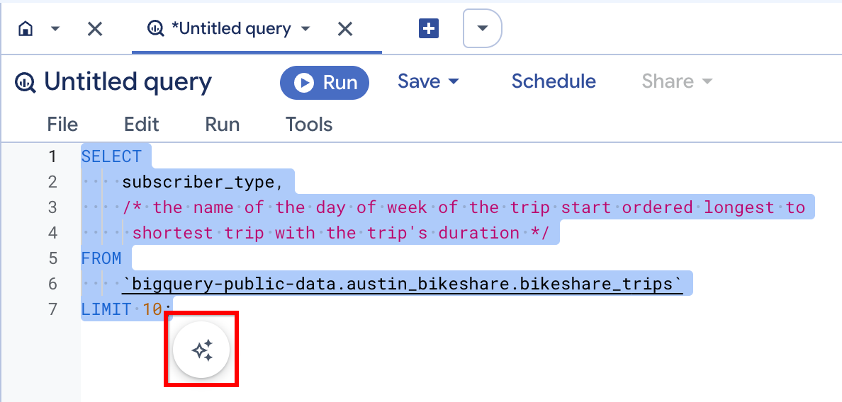 Das Gemini-Symbol wird neben dem ausgewählten Text im BigQuery-Abfrageeditor hervorgehoben.
