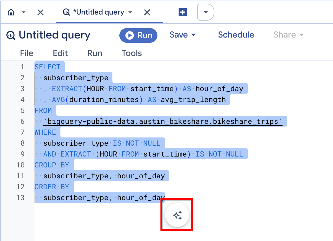 Das Symbol und der Text „Diese Abfrage erklären“ werden im BigQuery-Abfrageeditor hervorgehoben.