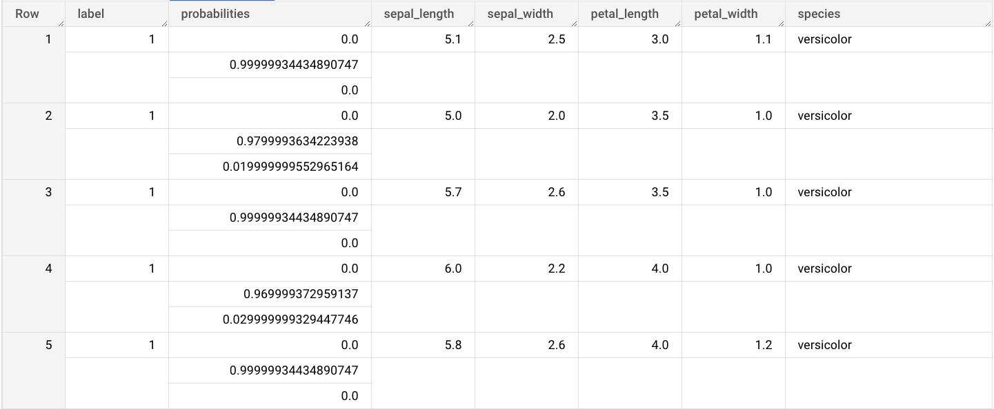 The output of the ML.PREDICT query
