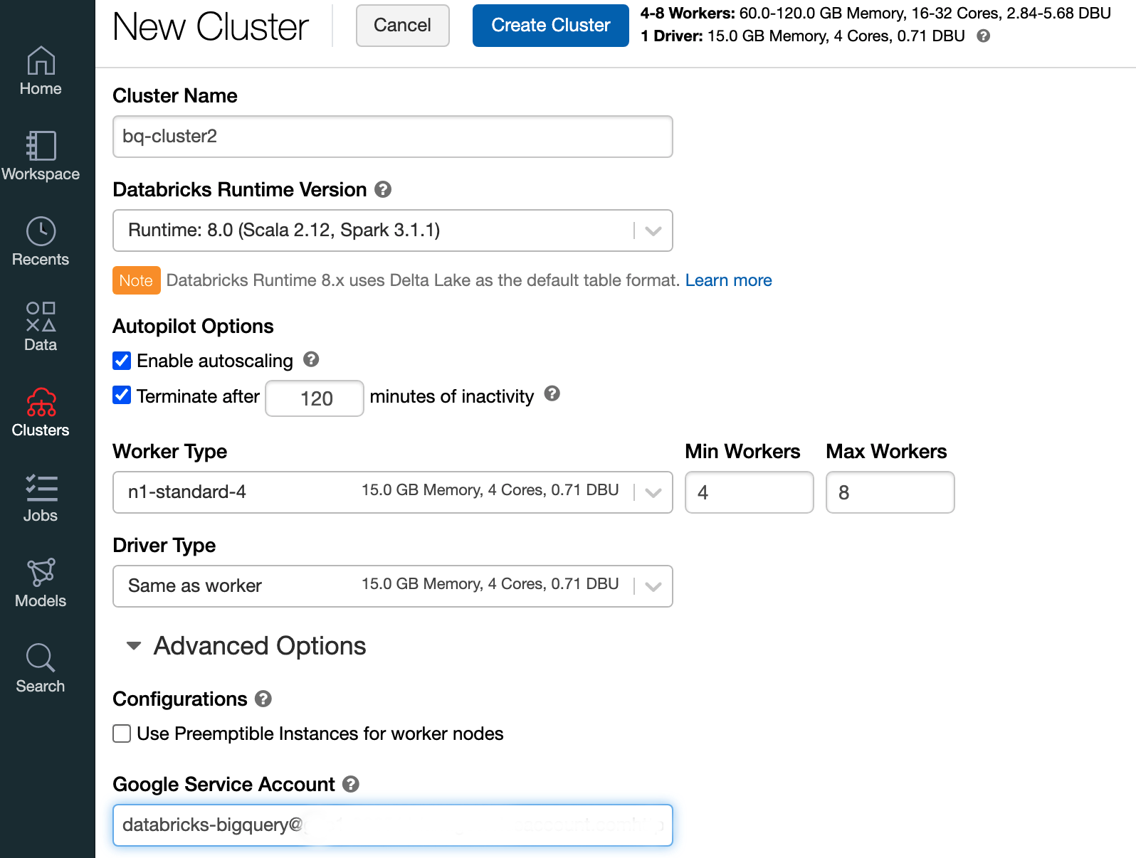 Nuova superficie del cluster con i dettagli del service account Google
