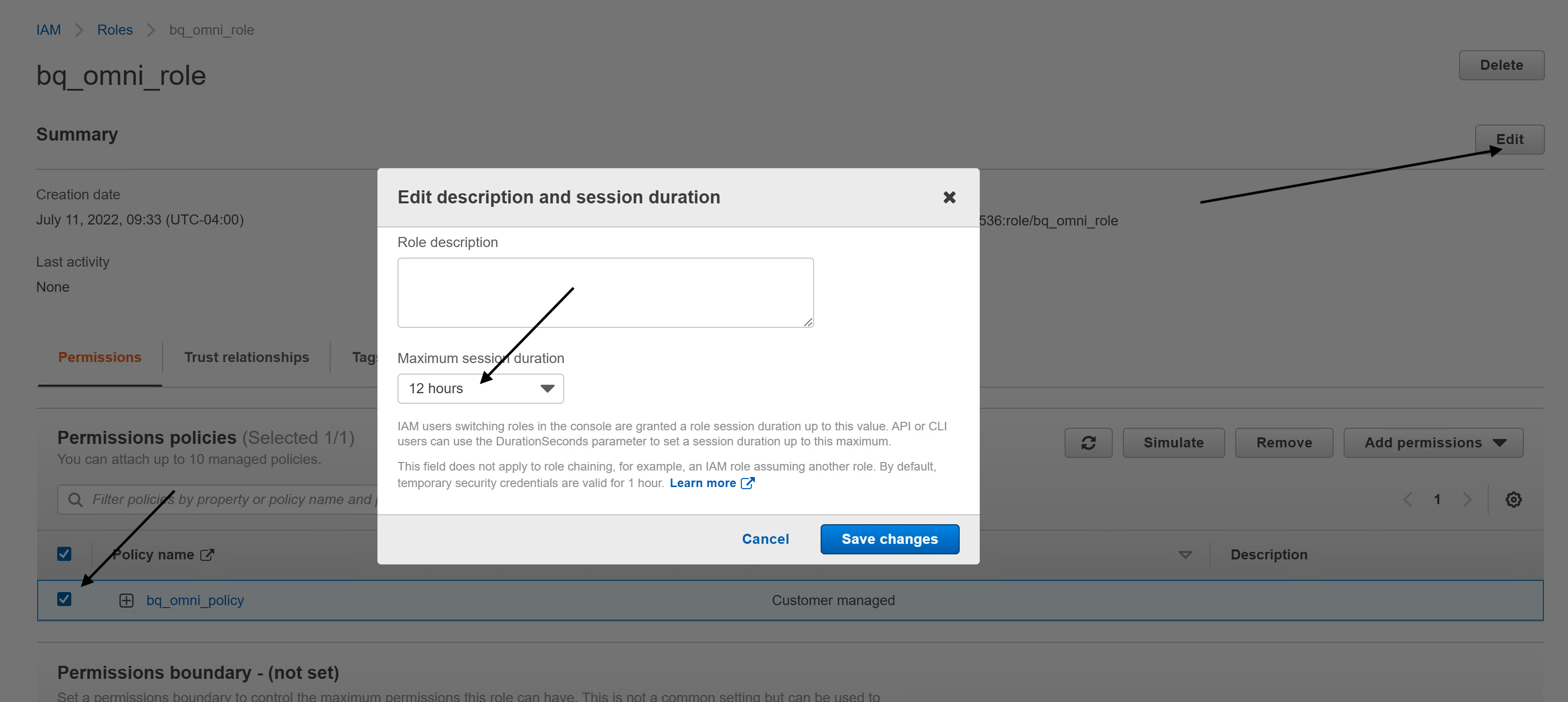 Botão Editar na AWS para definir a duração da sessão.