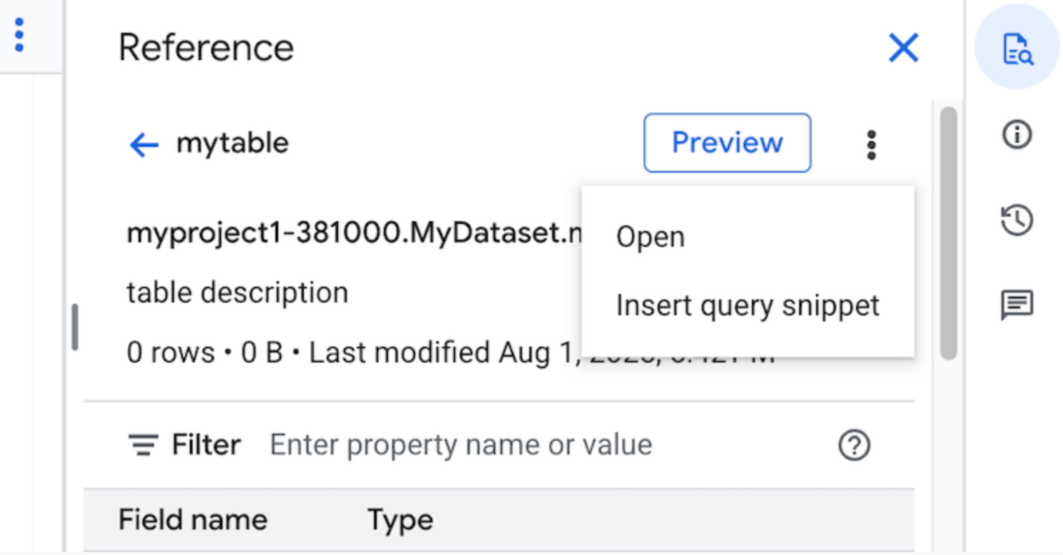 Riquadro di riferimento nell&#39;editor di query
