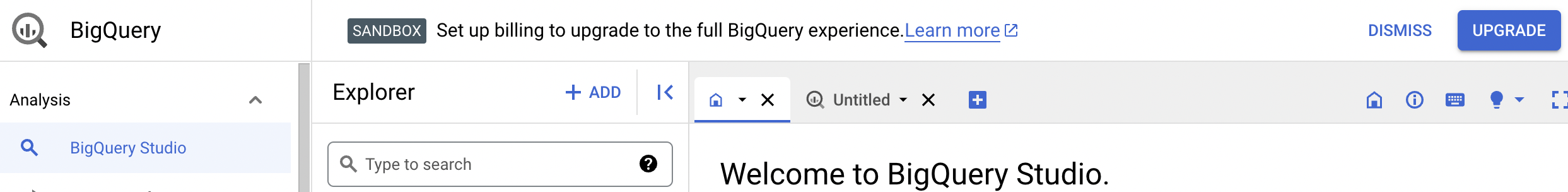 確認通知會提供升級選項，讓您享有完整的 BigQuery 體驗。