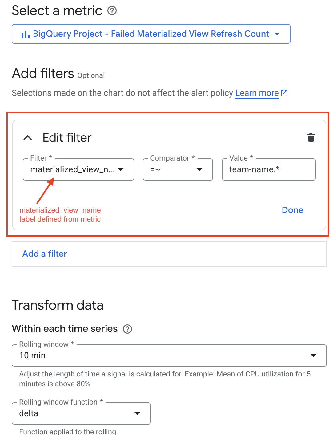 Captura de tela mostrando a interface de adição de métricas com um filtro de visualização materializada selecionado