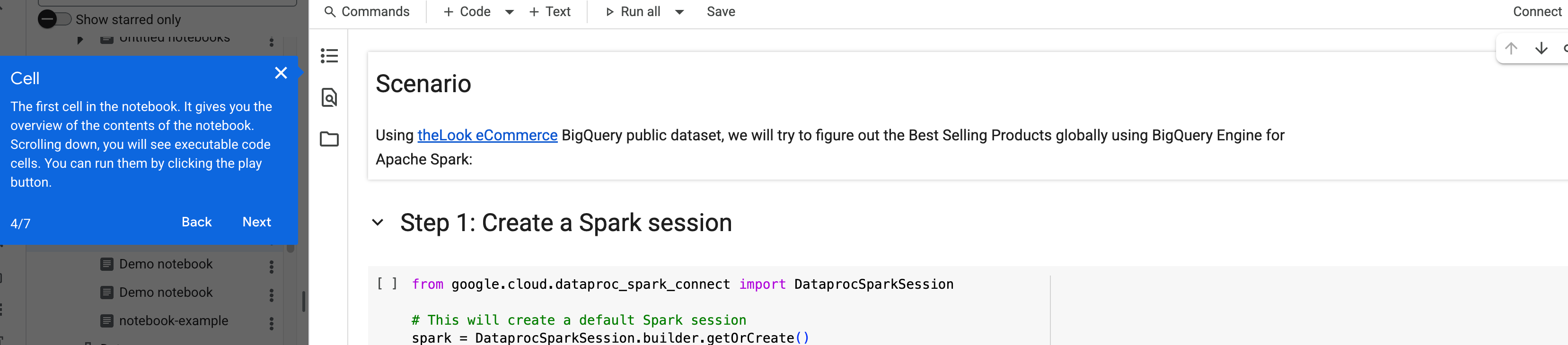 Spark 筆記本範例導覽。