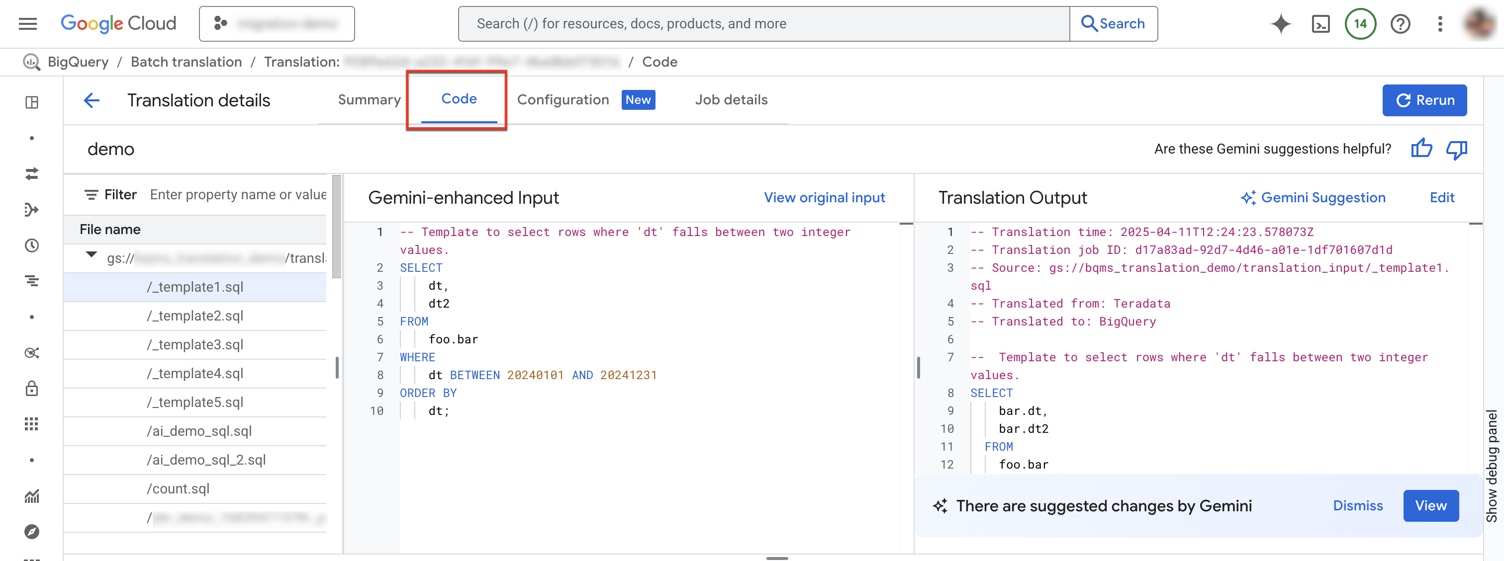 צופים בכרטיסיית הקוד בדף התרגום של SQL.