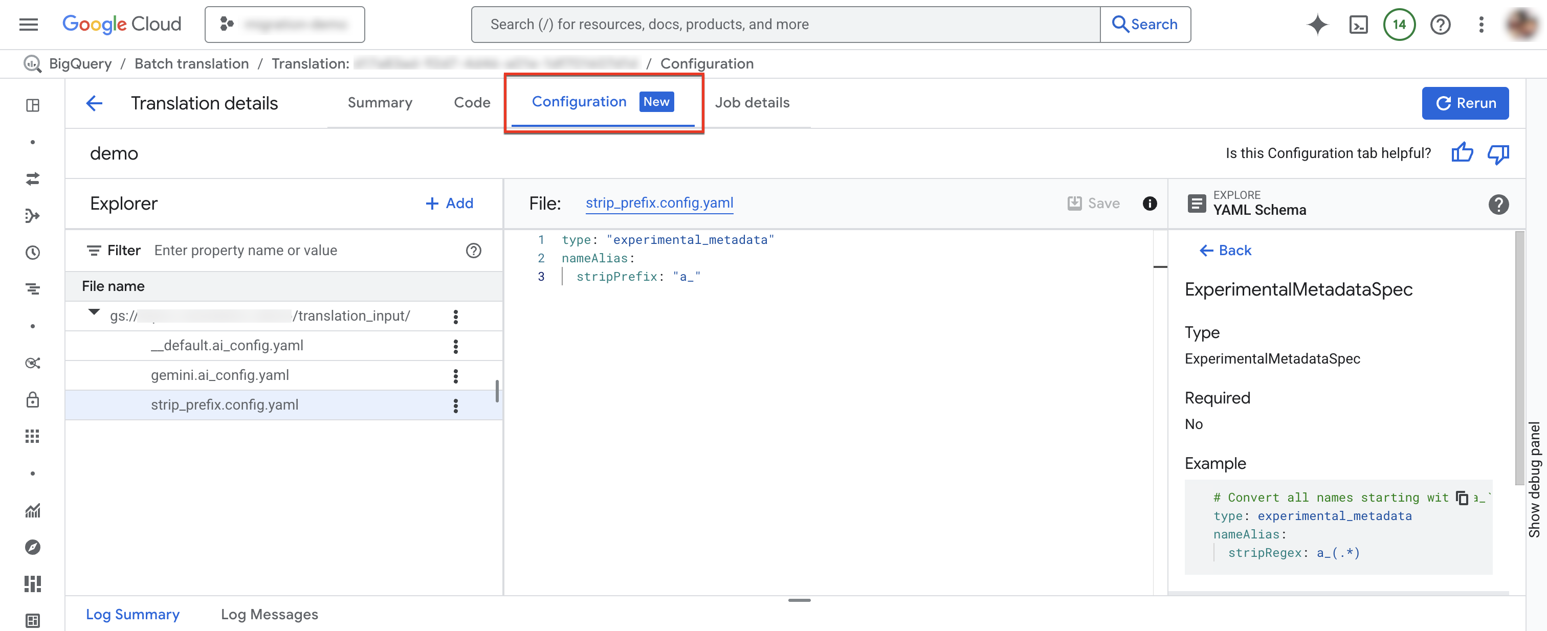 Visualizza la scheda di configurazione nella pagina di traduzione SQL.