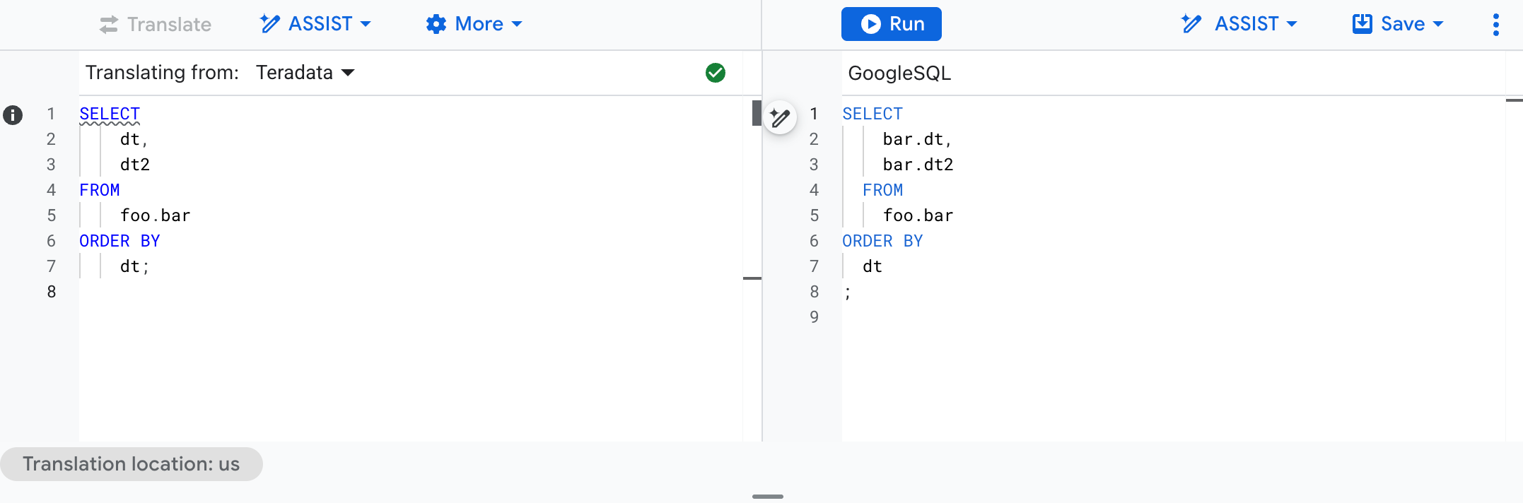 Displays a Teradata SQL query translated into GoogleSQL
