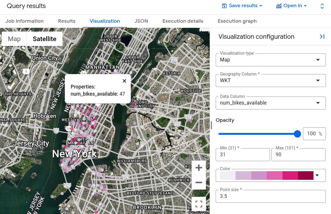 Visualização estilizada das localizações das estações de bicicletas.