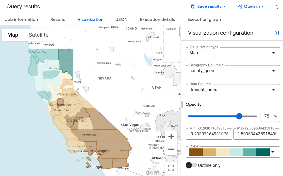 BigQuery Studio での干ばつ指数の可視化。