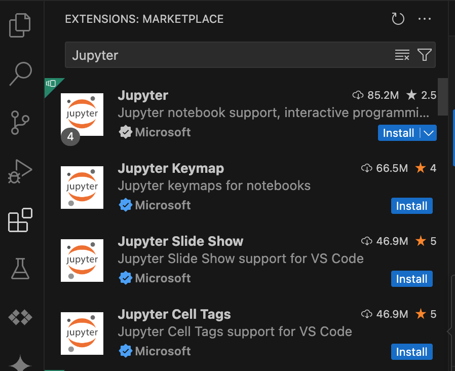 VS Code 控制台中的 Jupyter 擴充功能清單。