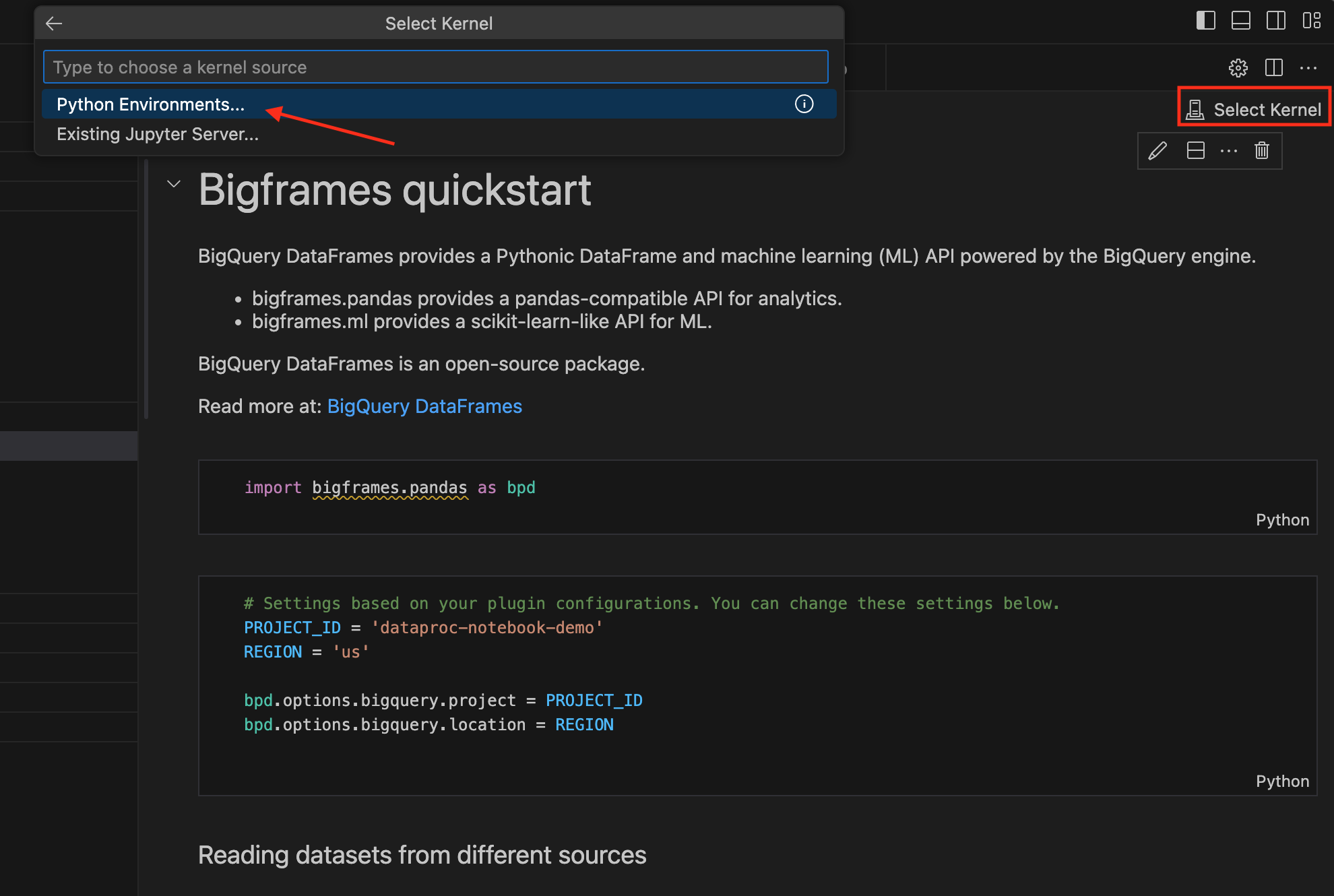 VS Code 콘솔의 커널 선택 인터페이스