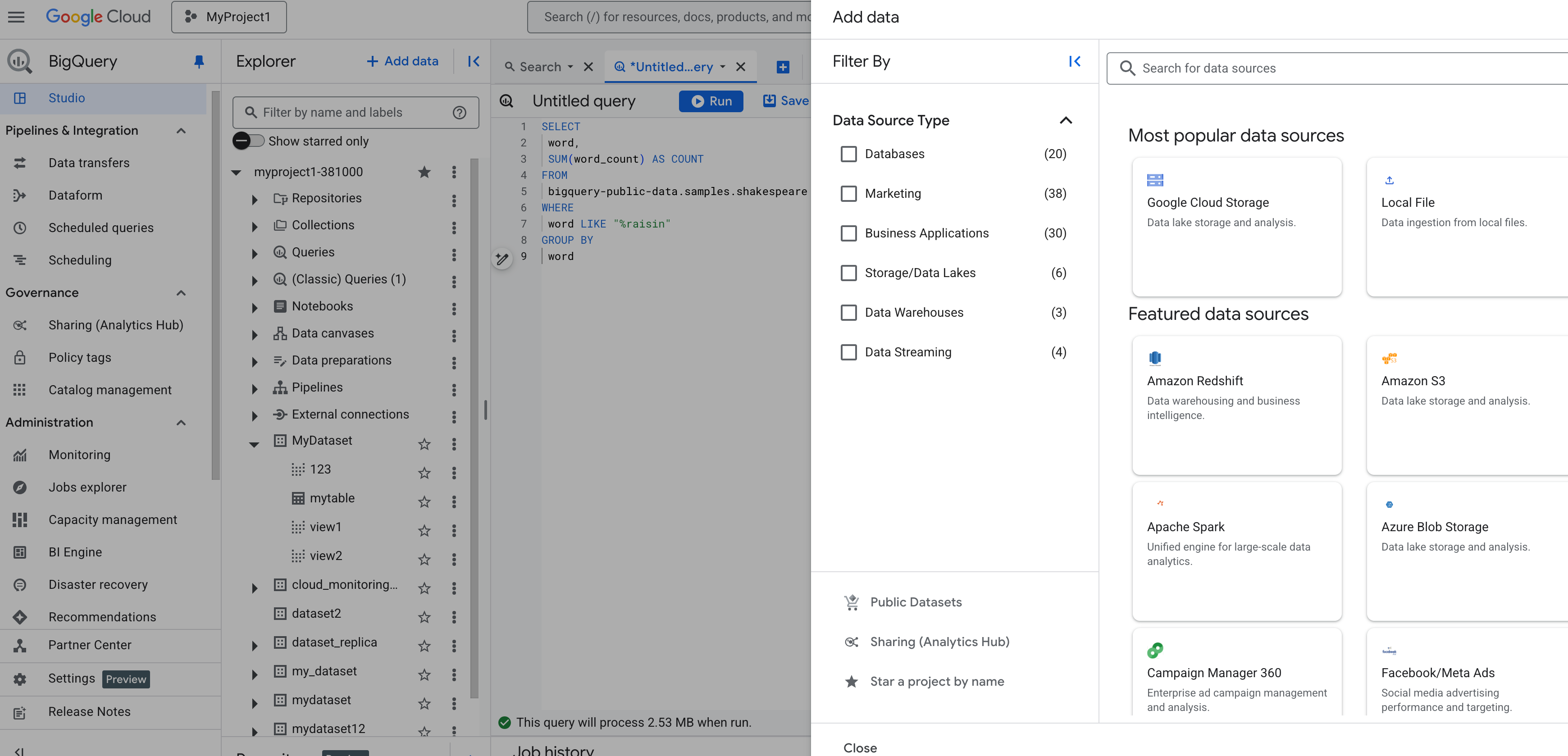 Hauptbereiche der BigQuery-Seite.