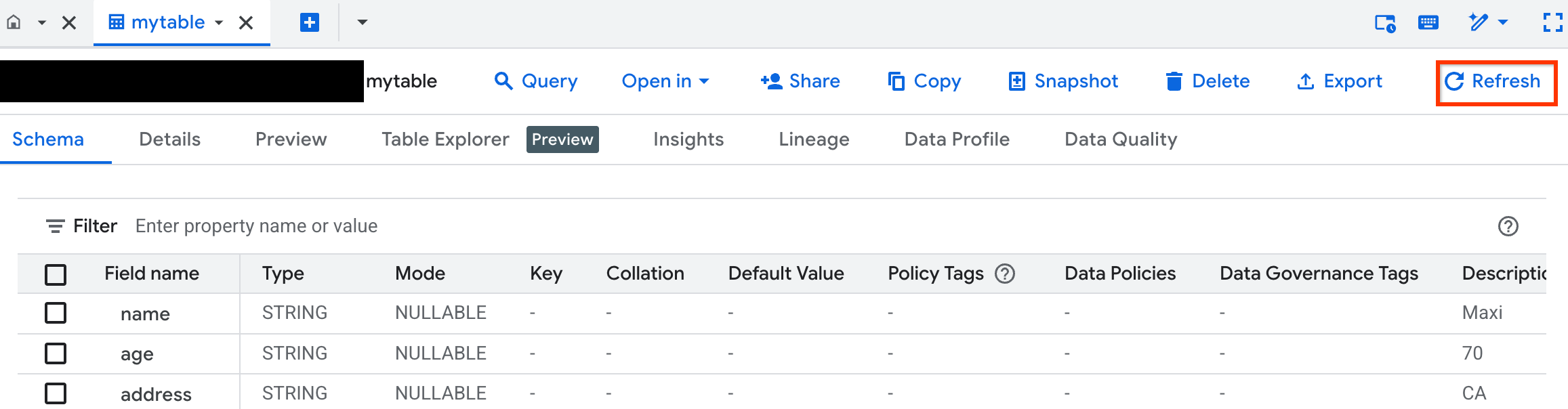 Tab in the details pane shows options to refresh, share, copy, or delete a table.