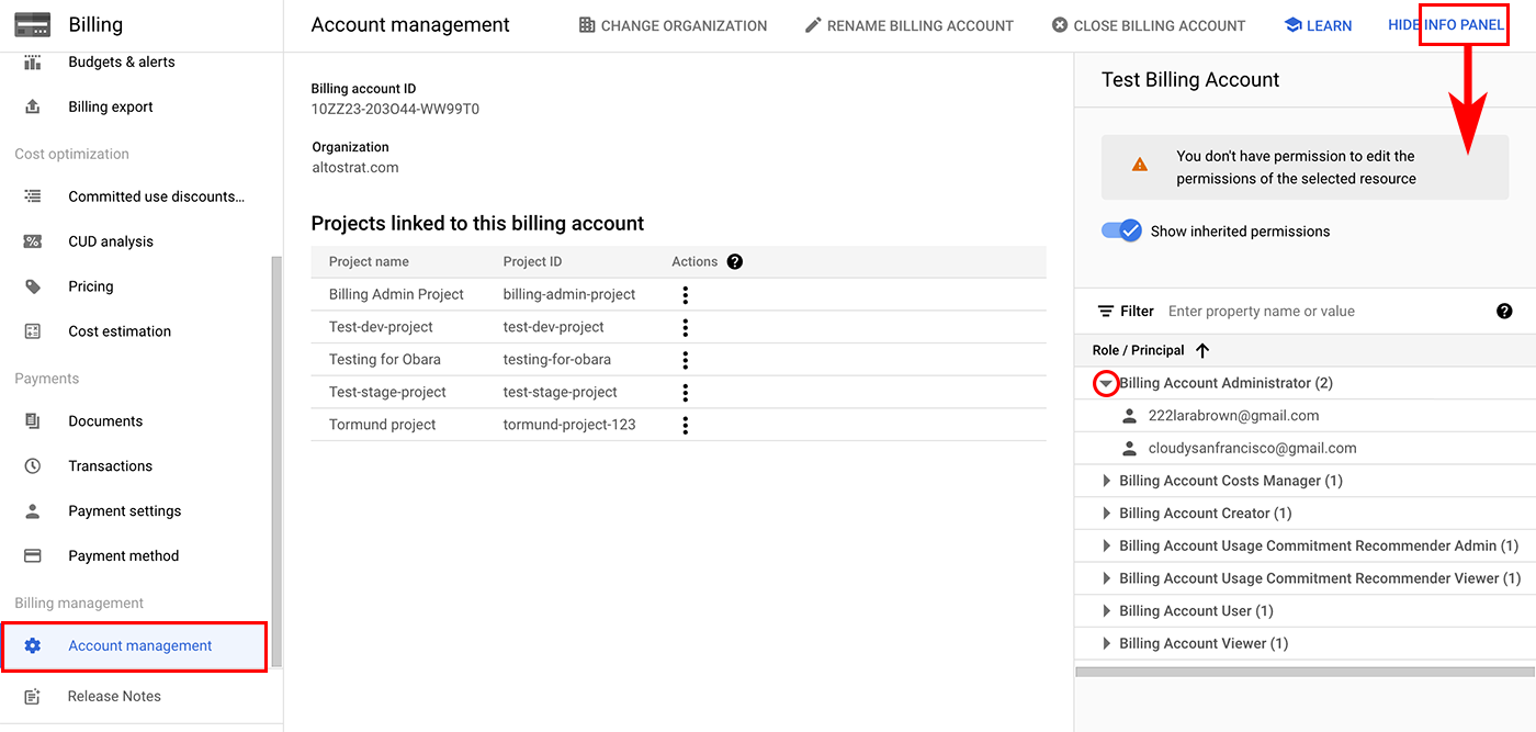 Pagina Gestione account che mostra il riquadro informazioni.