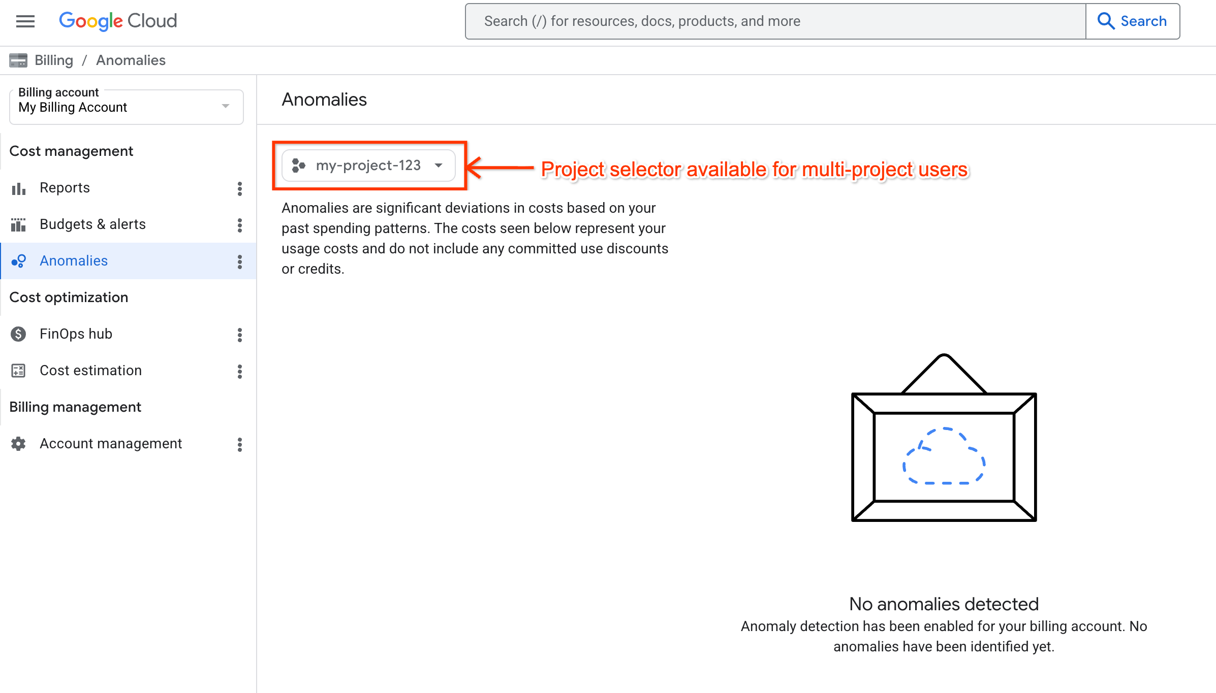 異常ページの例。請求先アカウントに複数のプロジェクトへのアクセス権を持つユーザーが利用できるプロジェクト選択ツールが表示されています。