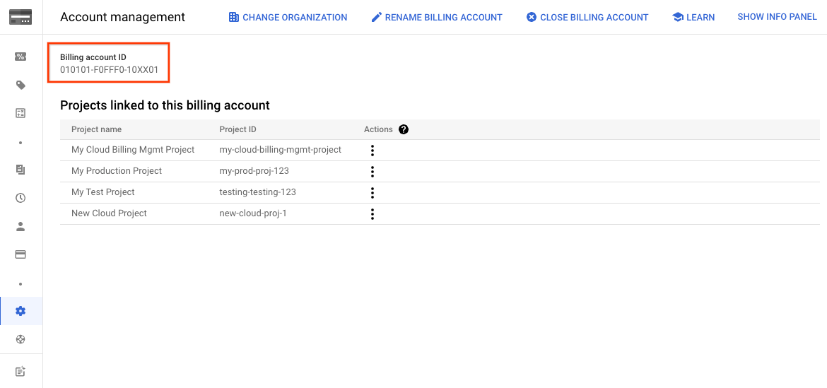 Exemple de page "Gestion des comptes" indiquant l'ID du compte de facturation.