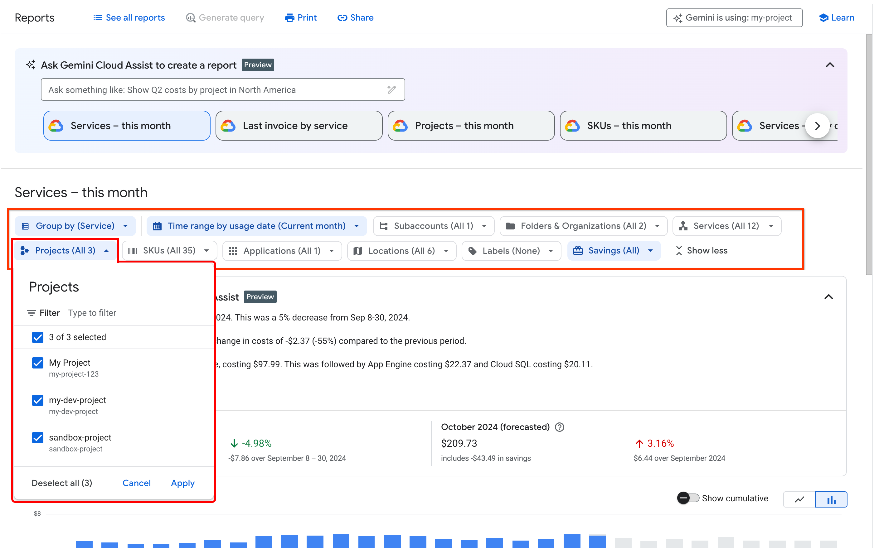 Exemple de la page "Rapports" montrant le filtre de projet disponible pour les utilisateurs ayant accès à plusieurs projets dans le compte de facturation.