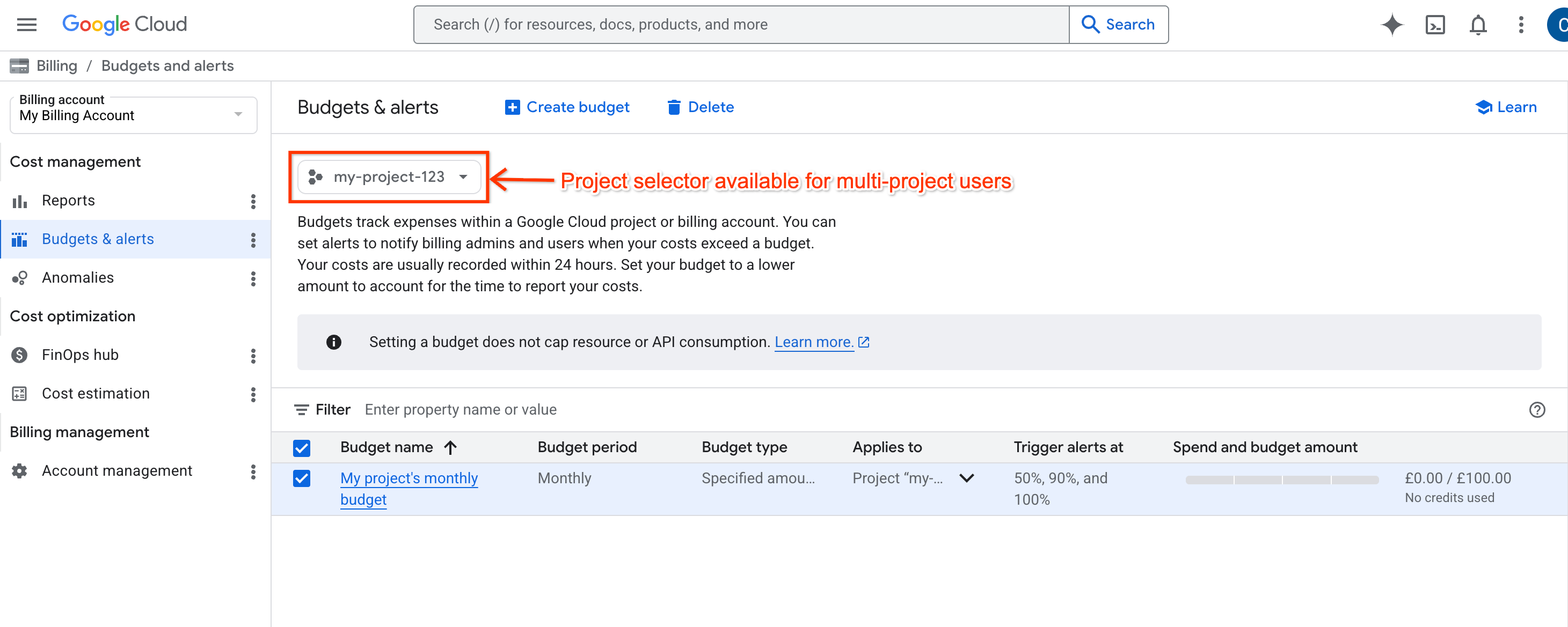 Esempio della pagina dei budget, che mostra il selettore di progetti disponibile per gli utenti con accesso a più progetti all'account di fatturazione.
