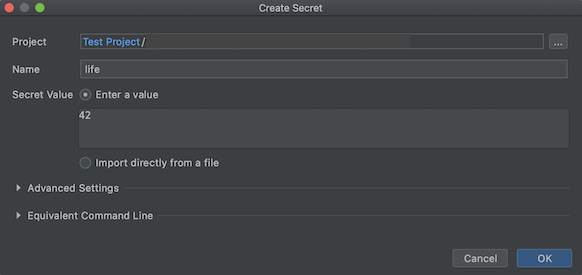 Boîte de dialogue &quot;Create Secret&quot; (Créer un secret) où le champ &quot;Name&quot; (Nom) est renseigné avec la valeur &quot;life&quot; et où le champ &quot;Secret Value&quot; (Valeur du secret) est renseigné avec la valeur 42.