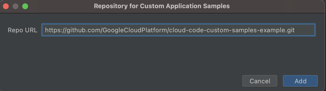 以 HTTPS 格式網址填入的 Git 網址：https://github.com/GoogleCloudPlatform/cloud-code-samples.git