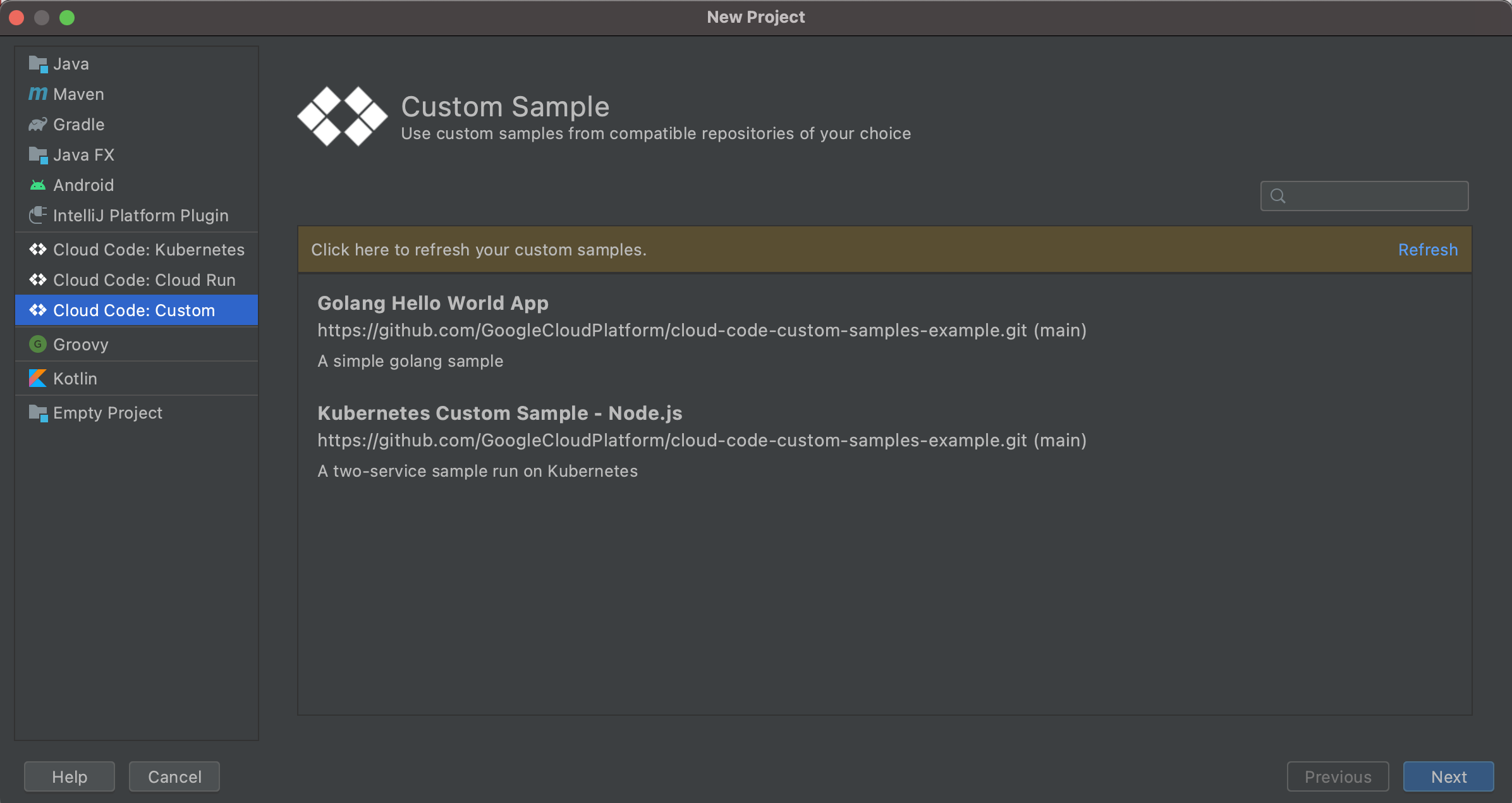 Liste d&#39;exemples personnalisés disponibles lors de la création d&#39;une application Cloud Code