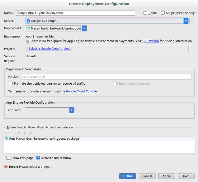 建立「Deployment Configuration」的對話方塊。具有「Name」、「Server」、「Deployment」、「Project」、「Version」及「app.yaml」欄位。
