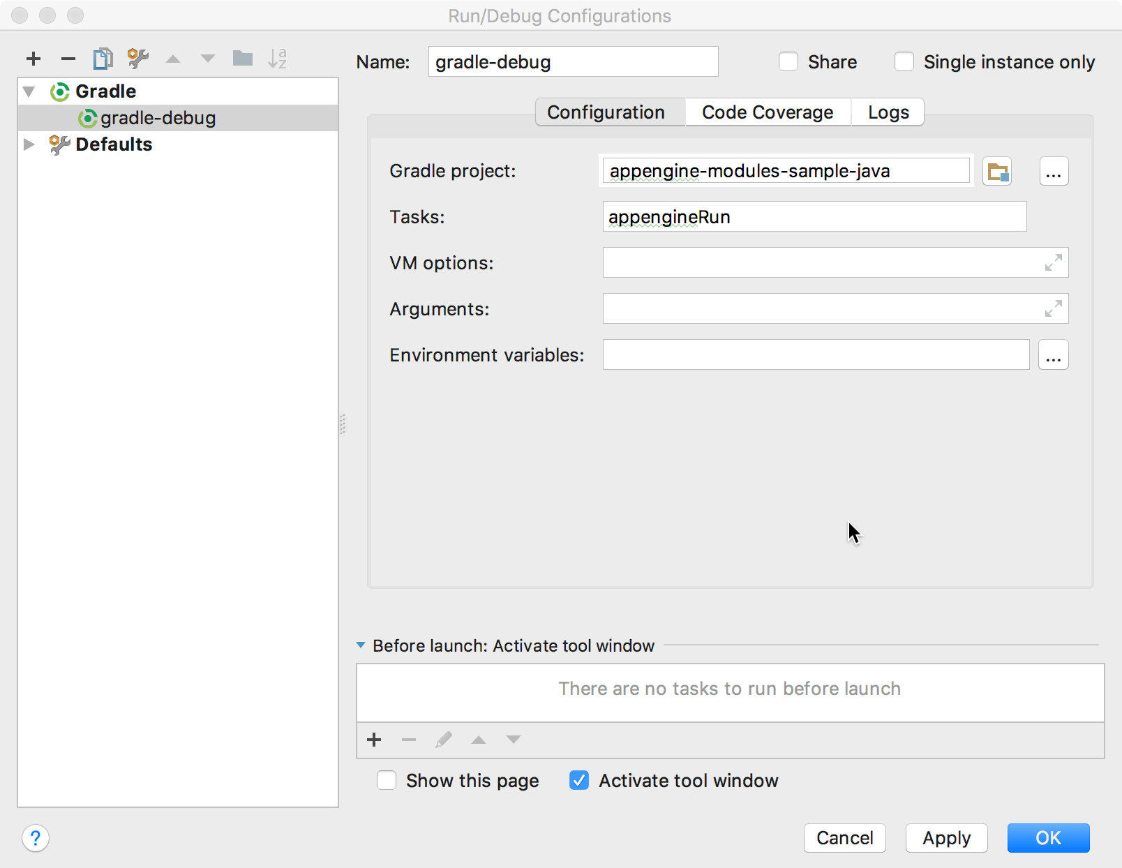 Screenshot che mostra la finestra di dialogo Run/Debug Configurations (Configurazioni di esecuzione/debug).
