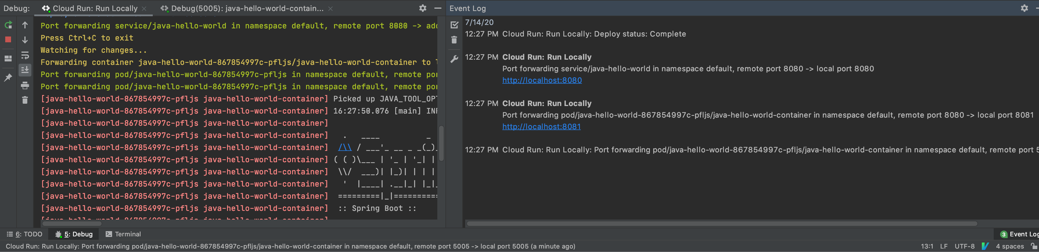 Log degli eventi con notifica di deployment riuscito e URL per visualizzare l&#39;anteprima del servizio