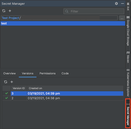 右側邊欄中醒目顯示 Cloud Code 的 Secret Manager 分頁，且 Secret Manager 面板已開啟，列出三個密鑰，底部窗格中則列出密鑰「test」的版本詳細資料