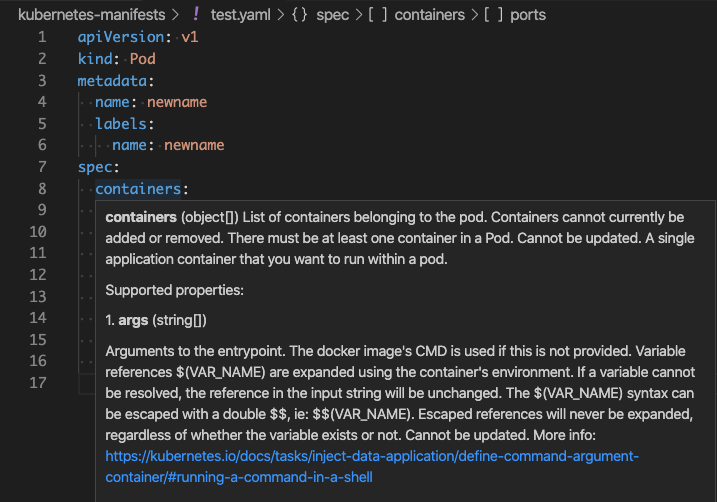 Kubernetes 結構定義的關聯內容自動完成選項