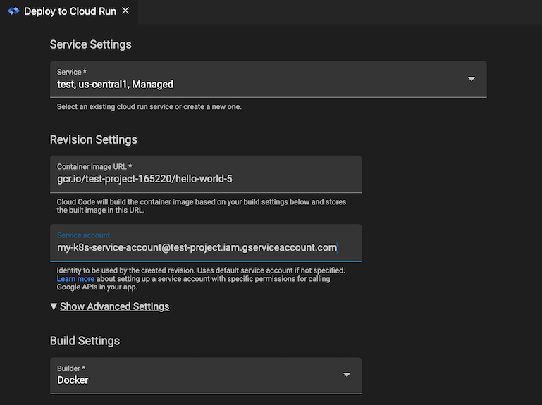 Bagian setelan revisi lanjutan diperluas di Cloud Run: Kolom Deploy dan Service Account diisi dengan nama akun layanan Kubernetes dalam format service-account-name@project-name.s3ns-system.iam.gserviceaccount.com