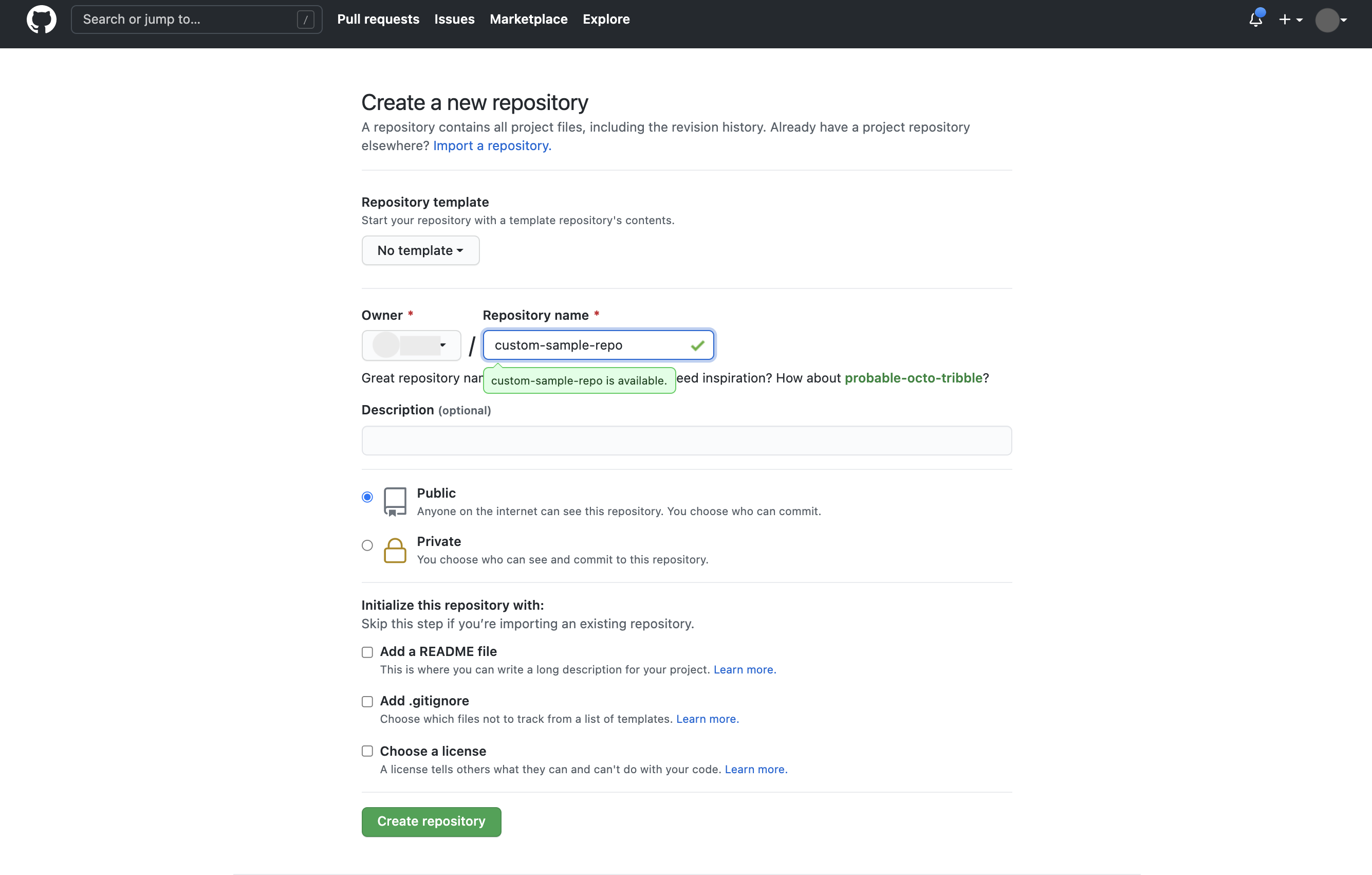 GitHub 存放區建立介面，存放區名稱欄位已填入「custom-sample-repo」