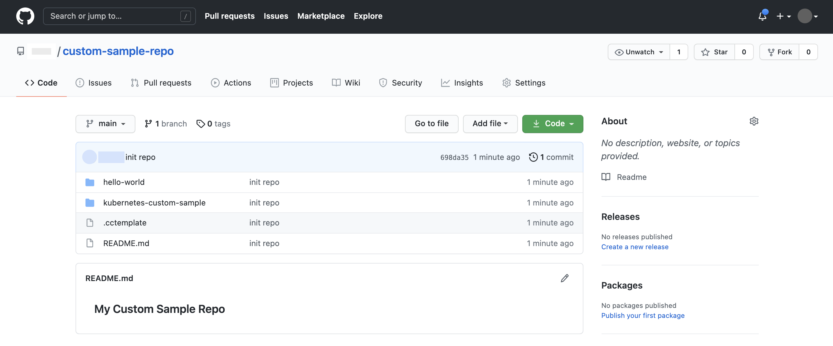 「custom-sample-repo」，其中包含兩個基礎範例目錄：「hello-world」和「kubernetes-custom-sample」